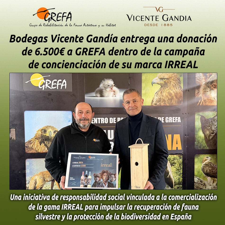 Bodegas Vicente Gandía entrega una donación de 6.500€ a GREFA dentro de la campaña de concienciación de su marca IRREAL
