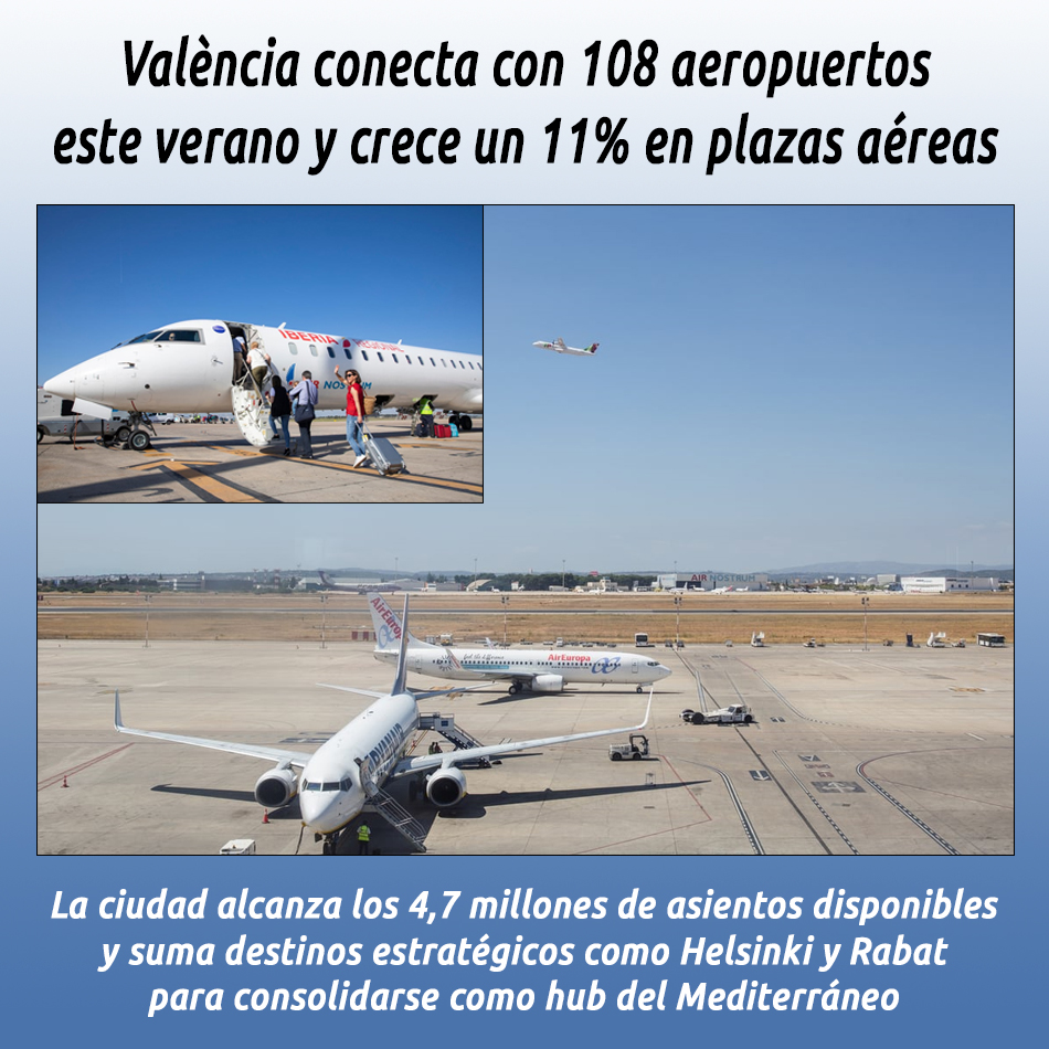 València conecta con 108 aeropuertos este verano y crece un 11% en plazas aéreas